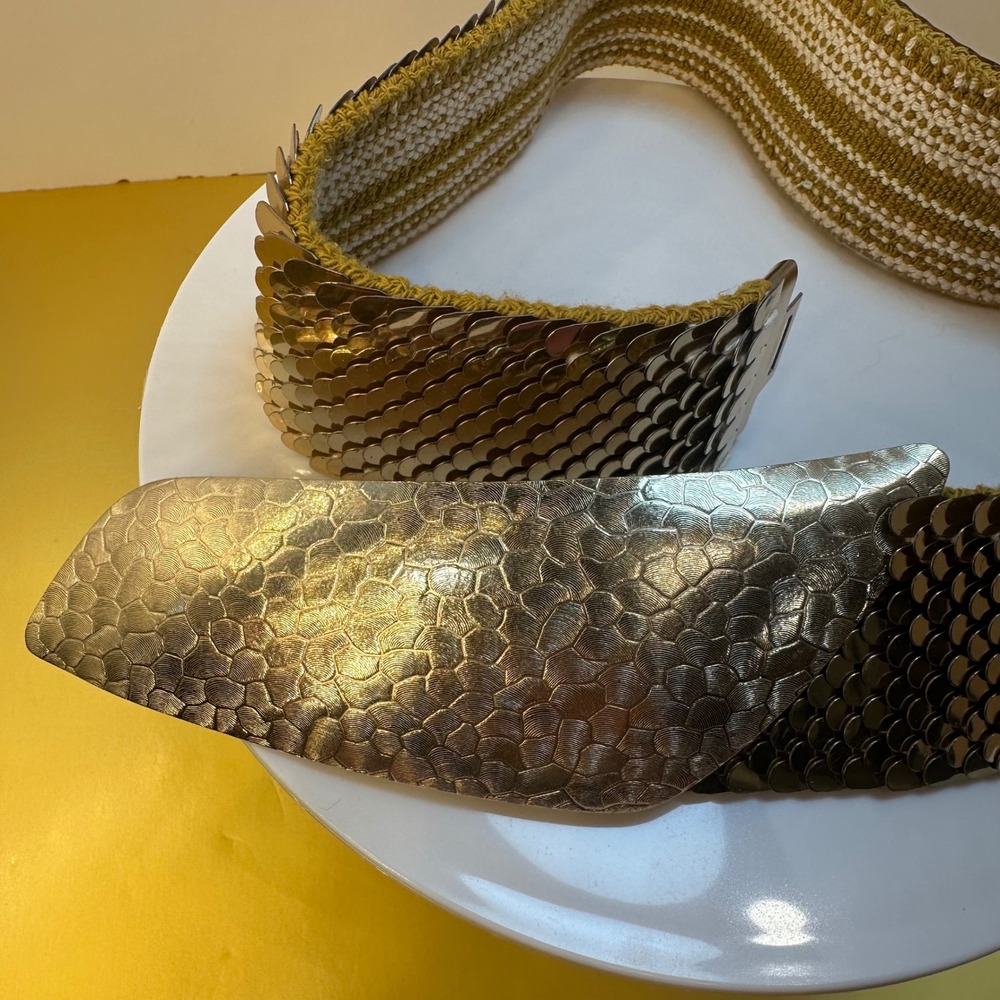 Vintage Gold Sequin Scale Wide Elastic Stretch Waist‎ Cinch Belt Metallic Glam - Picture 2 of 7